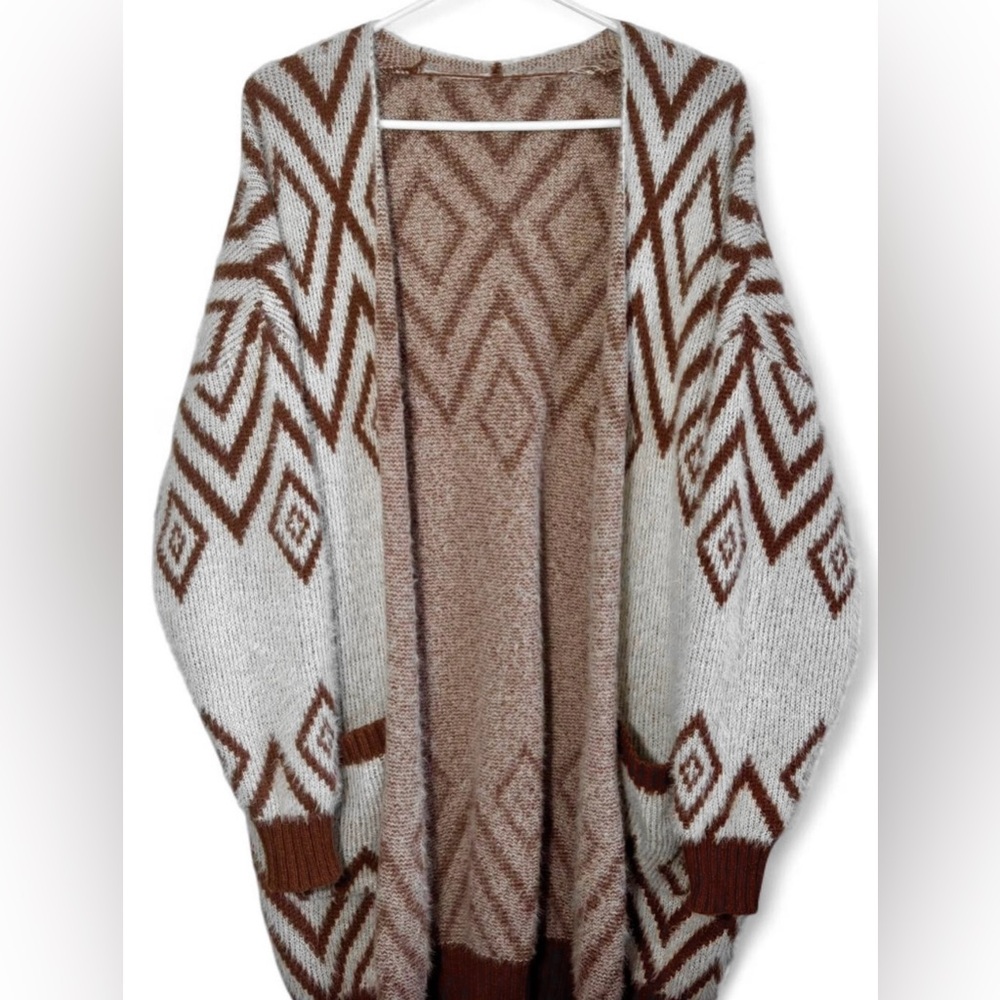 (3 for $30) Geometric Patterned Rusty Red and Cream Beige Sweater